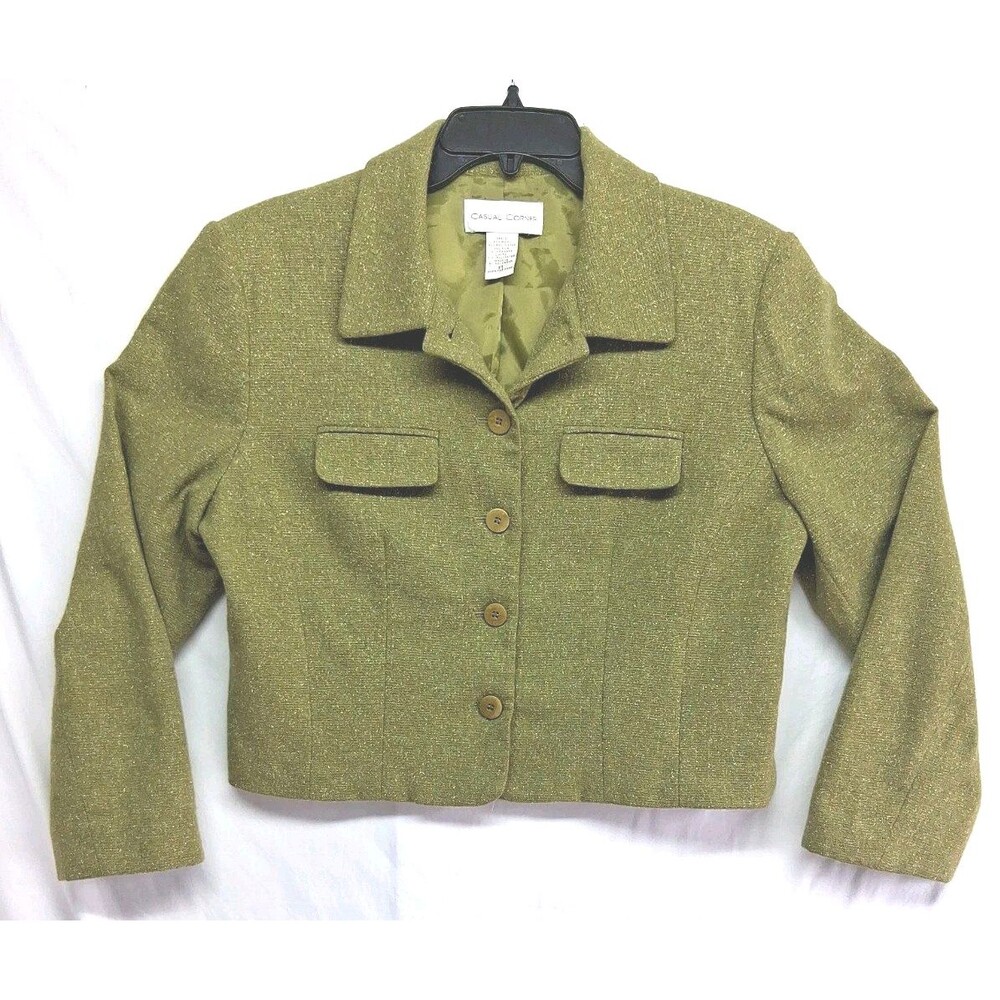 Vintage Casual Corner Green Wool Blend Blazer Women 14 Career Cropped Workwear